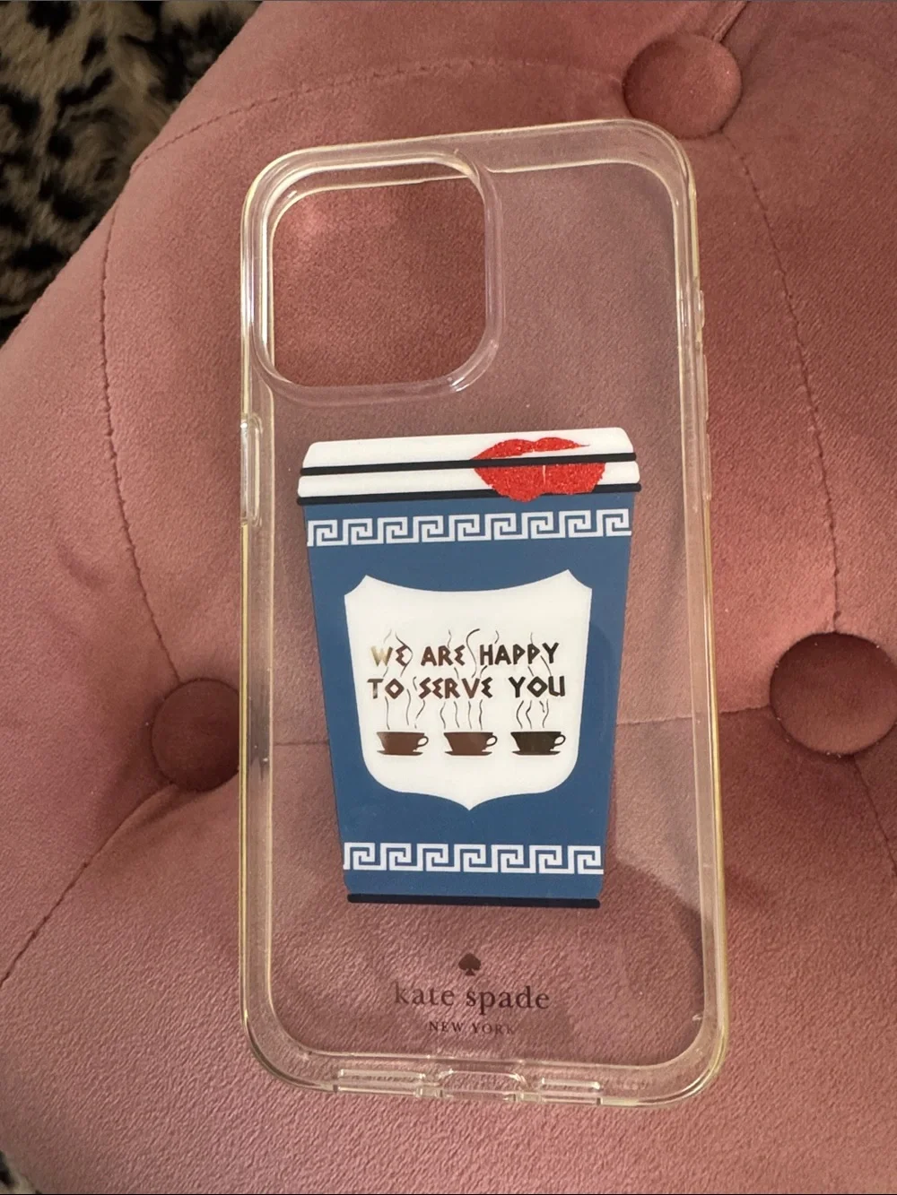 iPhone 15 pro max!! kate spade Clear Phone Case with Blue Coffee Cup and Red Lip